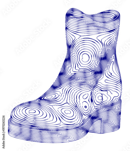 Blue topographic boot illustration, vector footwear design, abstract shoe pattern, topographic lines