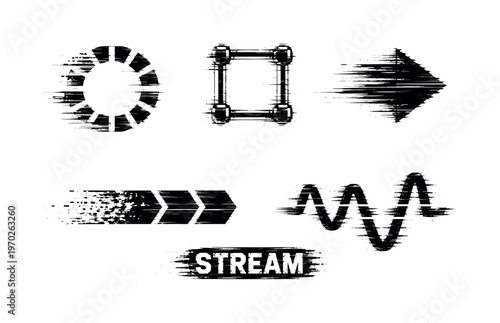 Digital streaming buffers and packet flow theme, a set of 5 glitch-distorted monochrome objects placed on a perfectly clean white background