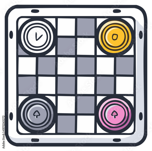 Doodle Style Checkers Board with Colored Pieces, Playful Tablet Game