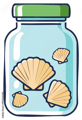 A collection of summer vacation seashells preserved inside a clear glass jar cartoon illustration