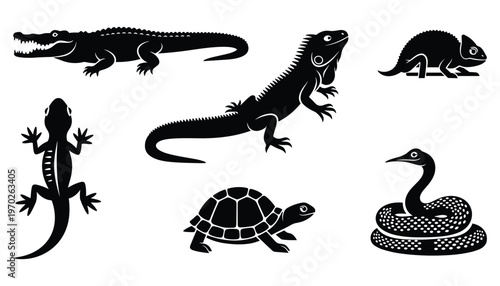 Wild reptile silhouette set featuring alligator iguana turtle snake and chameleon for logo vector illustration
