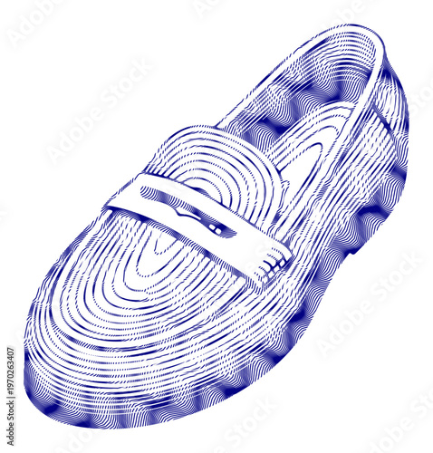 Artistic illustration of a single classic loafer shoe rendered in blue contour lines on a white background.