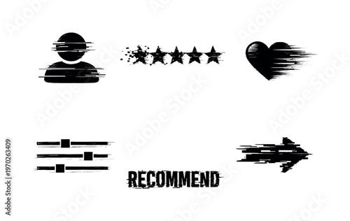 Digital personalization and recommendation systems theme, a set of five glitch-distorted monochrome objects floating on a perfectly clean white