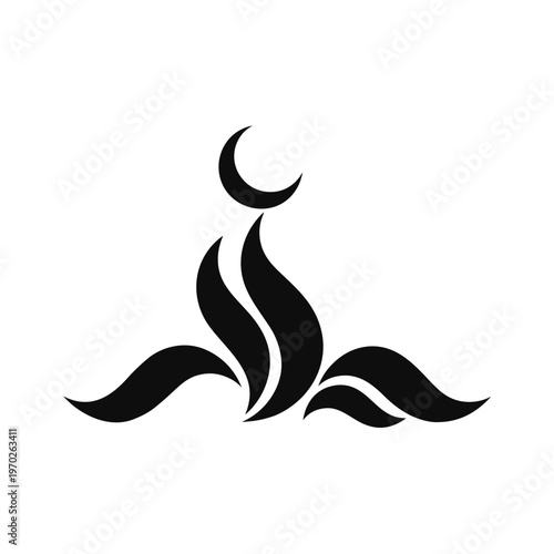 Minimalist black silhouette of a stylized plant with a crescent moon above it on a white background.