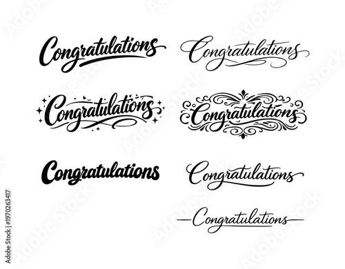 The phrase Congratulations presented as a premium curated collection of six different typographic interpretations of the same celebratory word