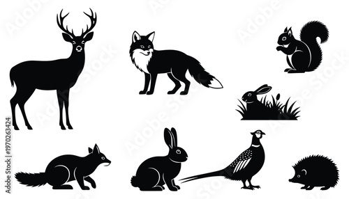 Woodland forest animal silhouettes including deer fox squirrel rabbit pheasant hedgehog and ferret vector for wildlife designs