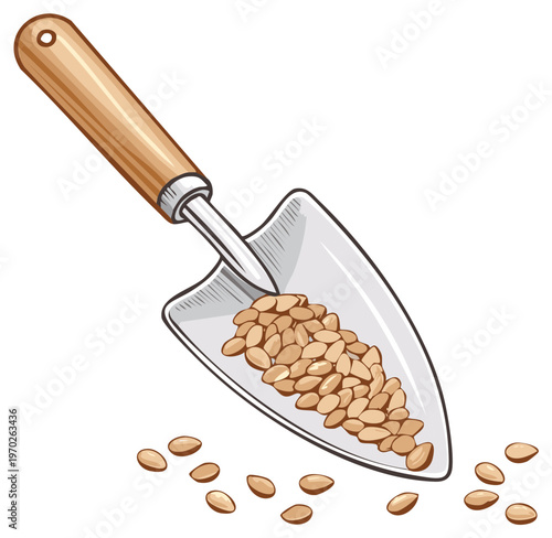 Gardening Trowel Filled With Seeds and Scattered Seeds for Planting