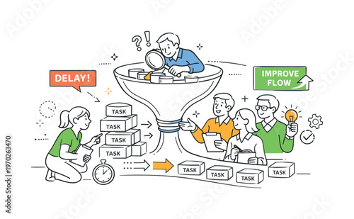 A bottleneck identification and process improvement scene showing a small team analyzing delays around a large narrow funnel and task blocks, using a