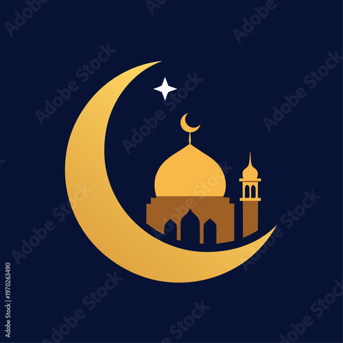 Golden crescent moon with a mosque and star illustration on a dark blue background