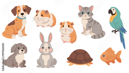 Cute domestic pets collection with dog cat rabbit hamster turtle fish and parrot vector
