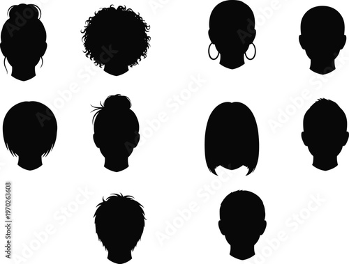 Diverse woman head silhouettes set, female avatar profile icons with various hairstyles, curly hair, buns, and bob cuts for social media