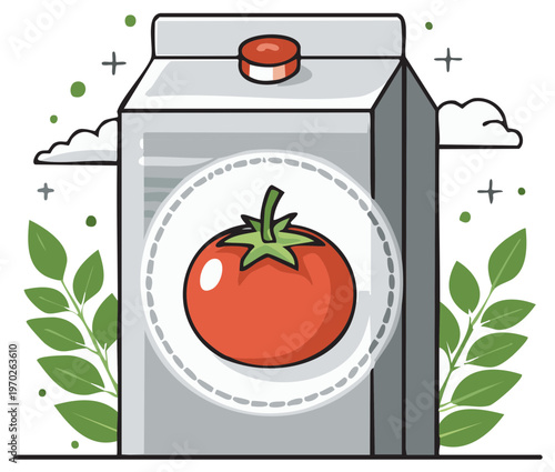 Illustration of a carton of tomato juice with a tomato graphic on the front, surrounded by leaves and clouds.