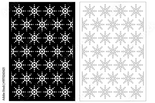 Geometric snowflake dot pattern laser cut vector illustration for CNC routing and metal fabrication with minimalist winter star decorative panel design for home interior.