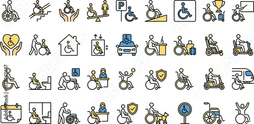Disability accessibility icon set. Inclusive support mobility and assistive care symbols. Wheelchair hearing service and special needs logotypes. Vector illustration.