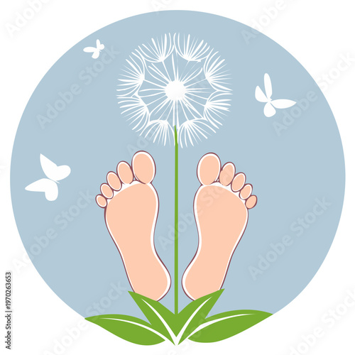 Relaxation concept with bare feet and dandelion on a blue background