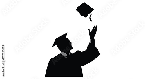 Graduation celebration with a tossing cap depicted in black silhouette