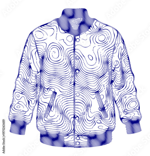 Topographic bomber jacket, blue and white abstract design, vector fashion illustration, outdoor apparel