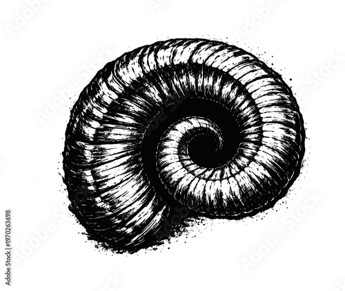 A detailed ram horn section shown in a tight three-quarter spiral view, enlarged to fill the frame as a coiled organic form on a pure white background