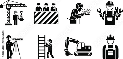 Construction industry icon set featuring workers engineers welders heavy machinery and building site symbols for industrial and architectural project concepts