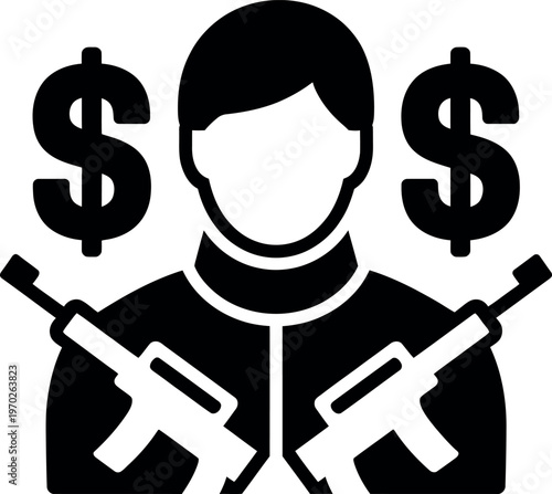 Person holding rifles flanked by dollar signs symbolizing mercenary or armed financial motives