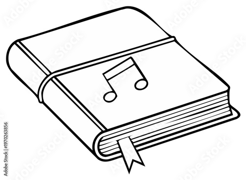 Line art illustration of a music book with bookmark and musical note symbol