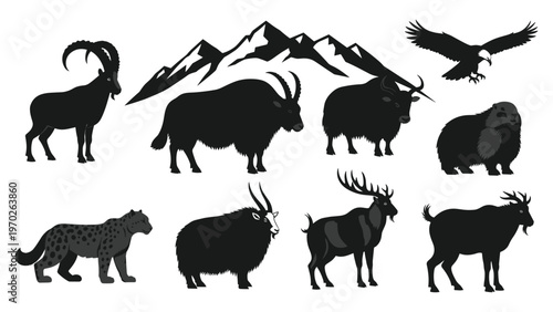 Mountain goat yak bison eagle marmot snow leopard musk ox deer silhouette vector for alpine wildlife design