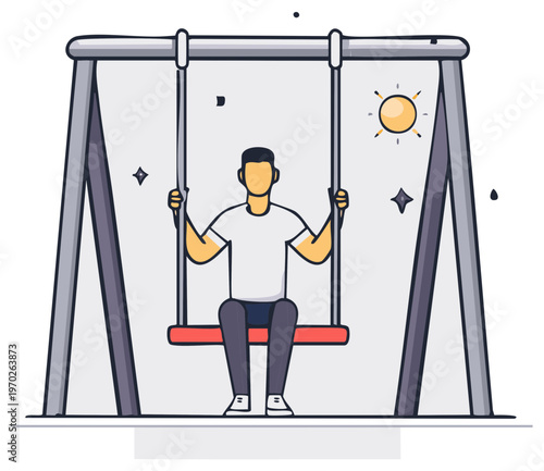Illustrated man on swing set, sunny day