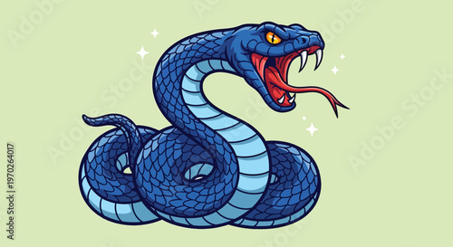 Aggressive Blue Snake Illustration with Open Mouth and Fangs.