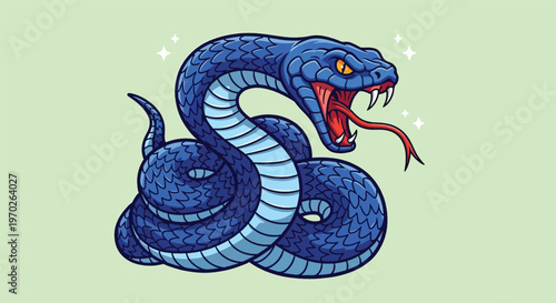 Aggressive Blue Snake Illustration with Open Mouth and Forked Tongue.