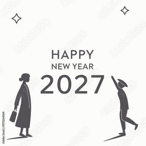 A minimalist graphic depicts two figures celebrating the new year 2027 with stylized silhouettes and simple shapes high quality professional