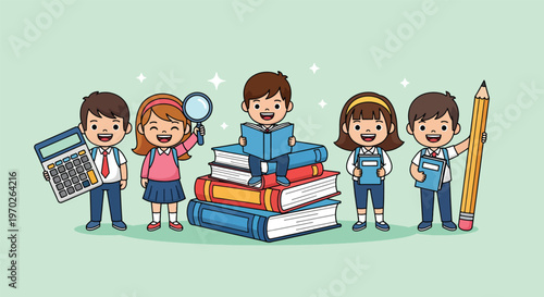 Children Learning and Studying with Books and School Supplies.