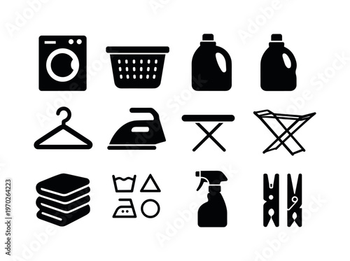 Laundry and clothing care: washing machine, laundry basket, detergent bottle, fabric softener, clothes hanger, iron, ironing board, drying rack