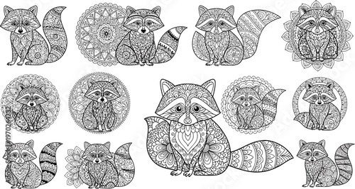 Intricate raccoon mandala vector set with ornamental patterns detailed line art animals for coloring pages tattoo and decorative design