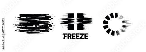 Digital system freeze and unresponsive states theme, a set of three glitch-distorted monochrome objects arranged on a perfectly clean white background