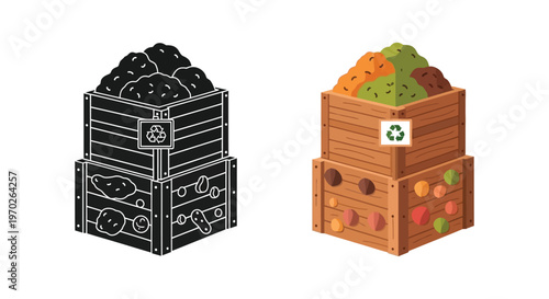 Compost bins in color and monochrome illustrating waste management silhouette