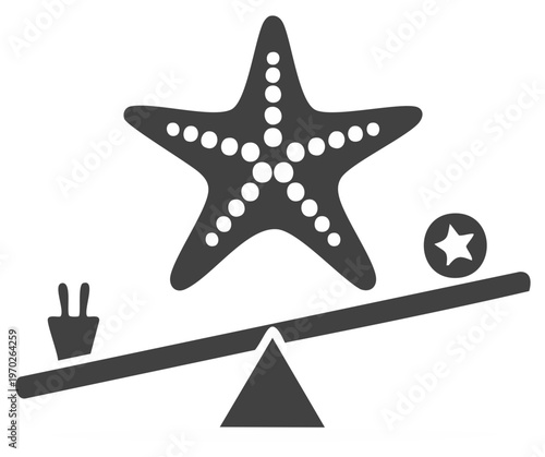 Starfish balancing on a seesaw with small bucket and star circle icon minimalist illustration