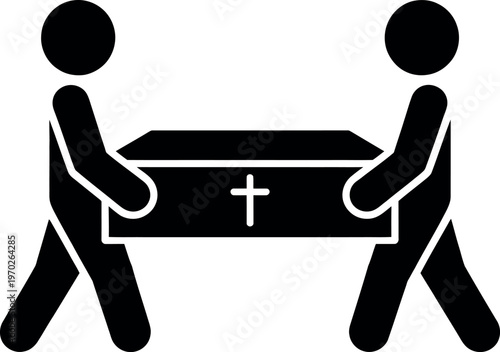 Two individuals carrying a coffin together in a solemn procession