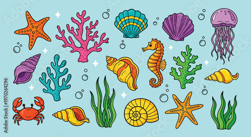 Collection of Colorful Marine Life and Underwater Elements Vector Illustration.