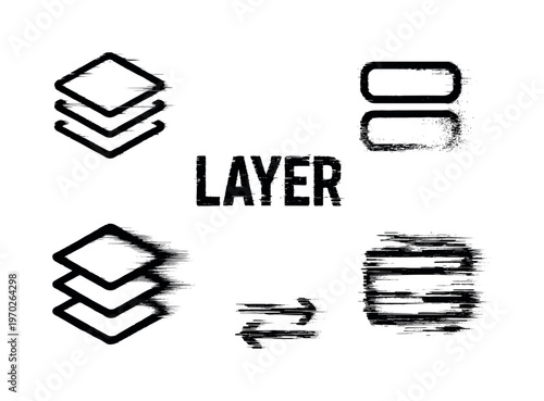 Digital layering and stacking interface theme, a set of 5 glitch-distorted monochrome objects placed on a perfectly clean white background