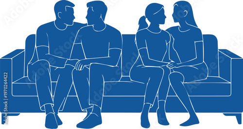 LGBTQ+ Couples Silhouette Illustration, Gay and Lesbian Partners Sitting on Sofa, Vector Relationship Concept
