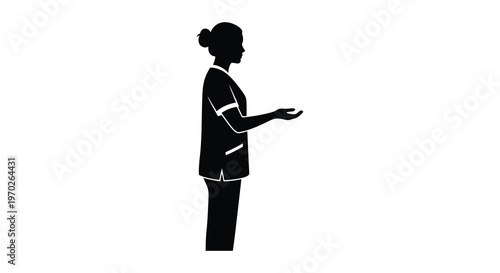 A black silhouette of a woman in scrubs extending her hand forward silhouette