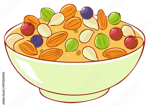 Bowl of oatmeal with various nuts and berries. Delicious healthy breakfast meal.