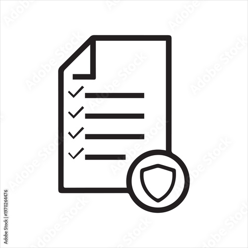 A simple line art icon depicting a document with checkboxes and a shield ideal for security or compliance topics on transparent background silhouette high quality professional