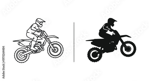Motorcycle rider in action shown in detailed outline and striking silhouette