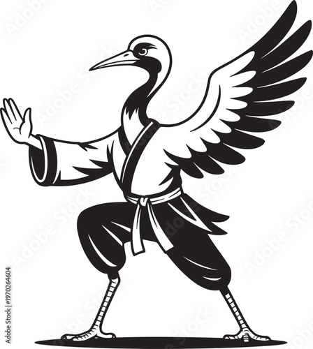 Crane bird illustration in martial arts stance, stylized vector graphic design.