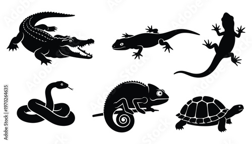 Reptile and amphibian silhouette set featuring crocodile snake turtle chameleon and lizard for logos vector illustration