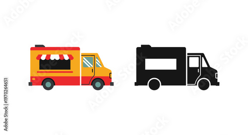 Colorful food truck illustration paired with its stark black silhouette