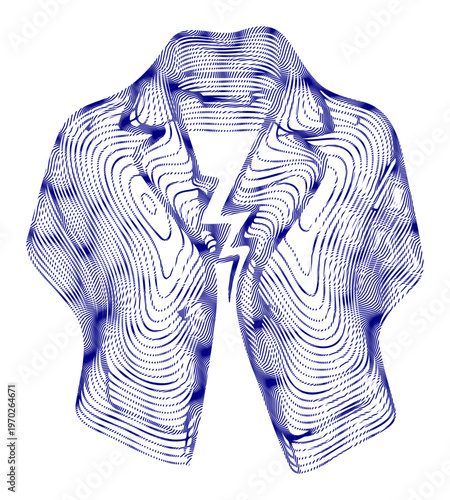 Abstract blue lines form a stylized jacket with a lightning bolt emblem, conveying energy and style.