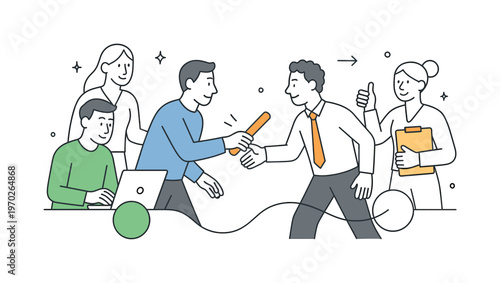 A clear process handoff scenario where a team transfers tasks between stages smoothly during a structured workflow session, centered around a visual