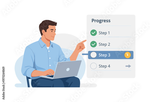 A professional maintaining clean workflow checkpoints in a structured routine, seated with a laptop while interacting with a simple step-by-step